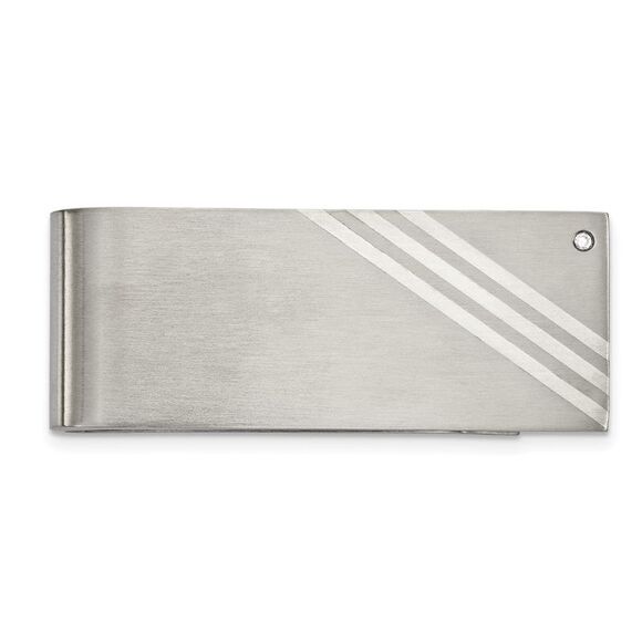 Men's Stainless Steel, Sterling Silver Inlay & CZ Fold Over Money Clip - Picture 1 of 5
